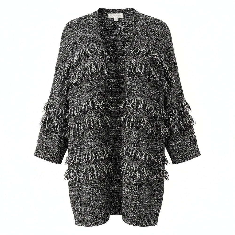 Knox Rose Black & Gray Fringe Knit Open Cardigan